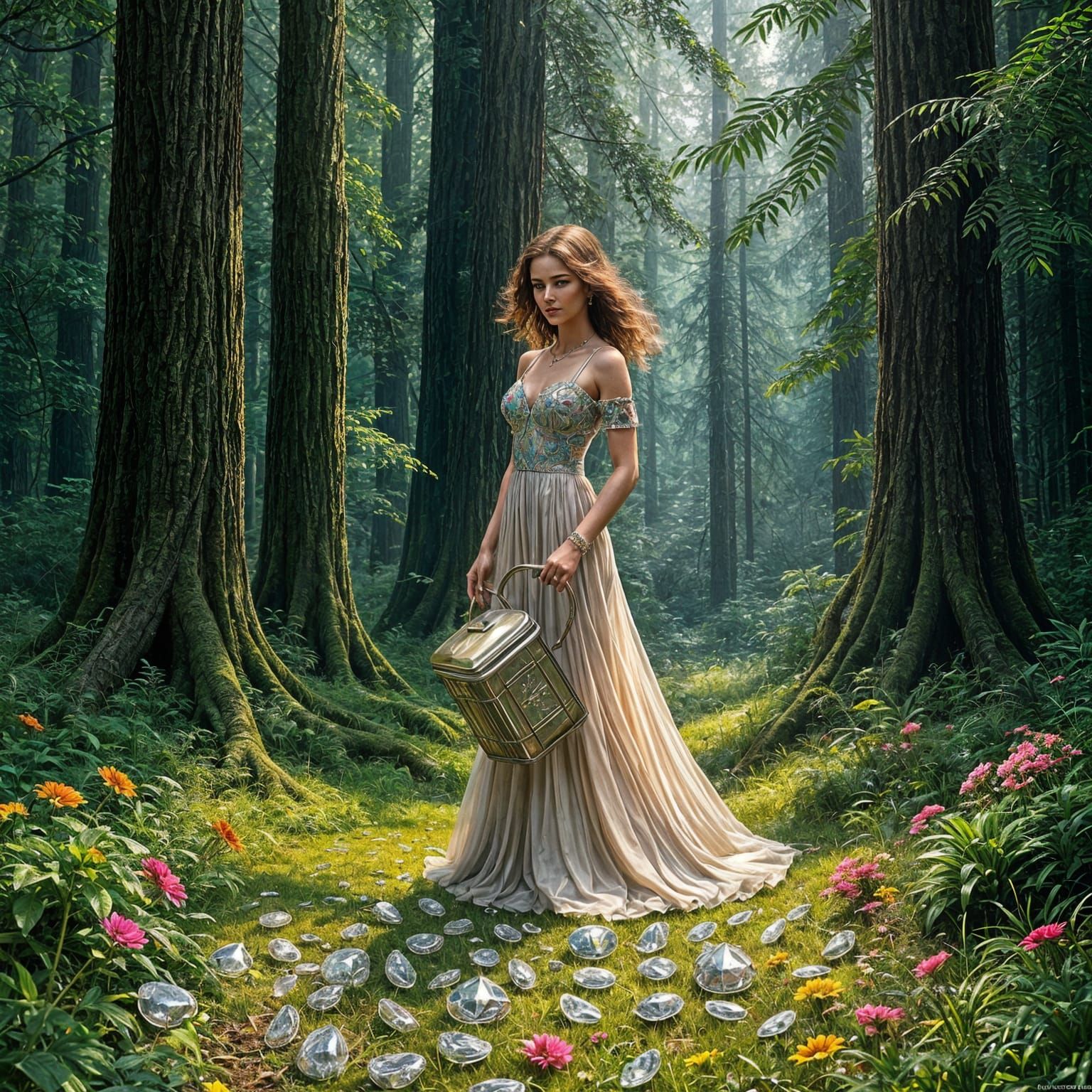 Woman Collecting Diamonds in Lush Forest