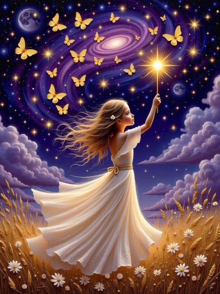 Enchanting Nighttime Scene with a Young Girl and Golden Butt...