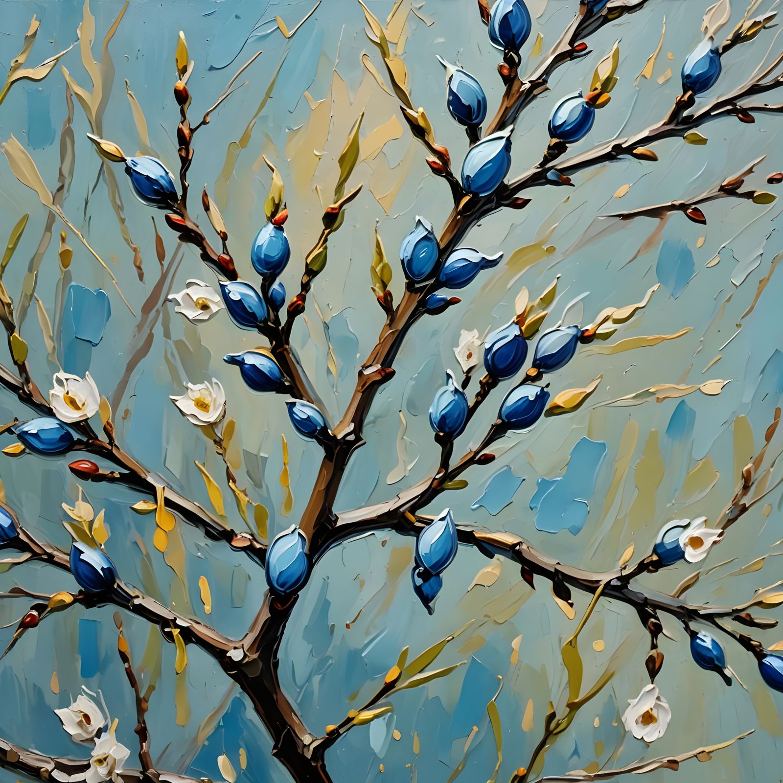 Pussywillow Impasto Painting with Blue Highlights