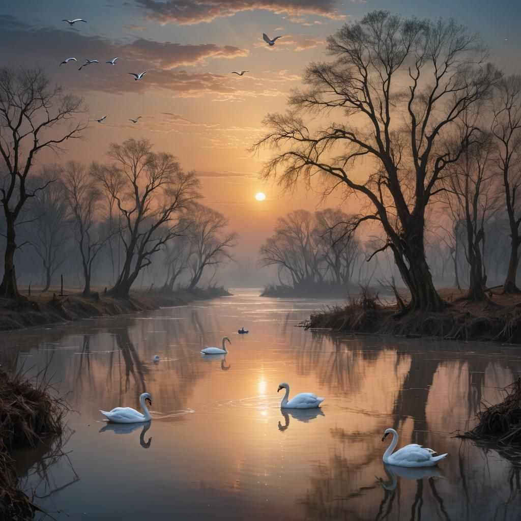 Orinoco River Swans: Luminous Romanticism