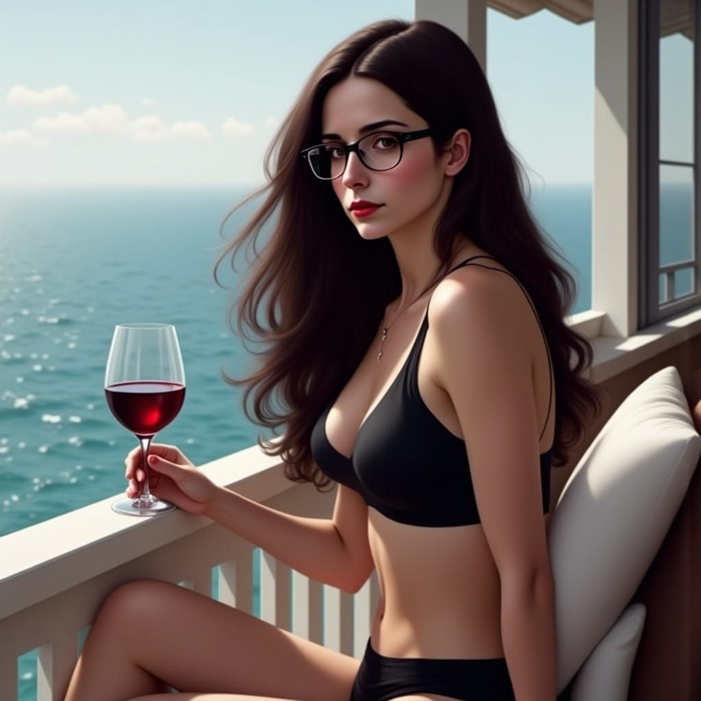 Woman with Wine, Beach House View, Hyperrealism