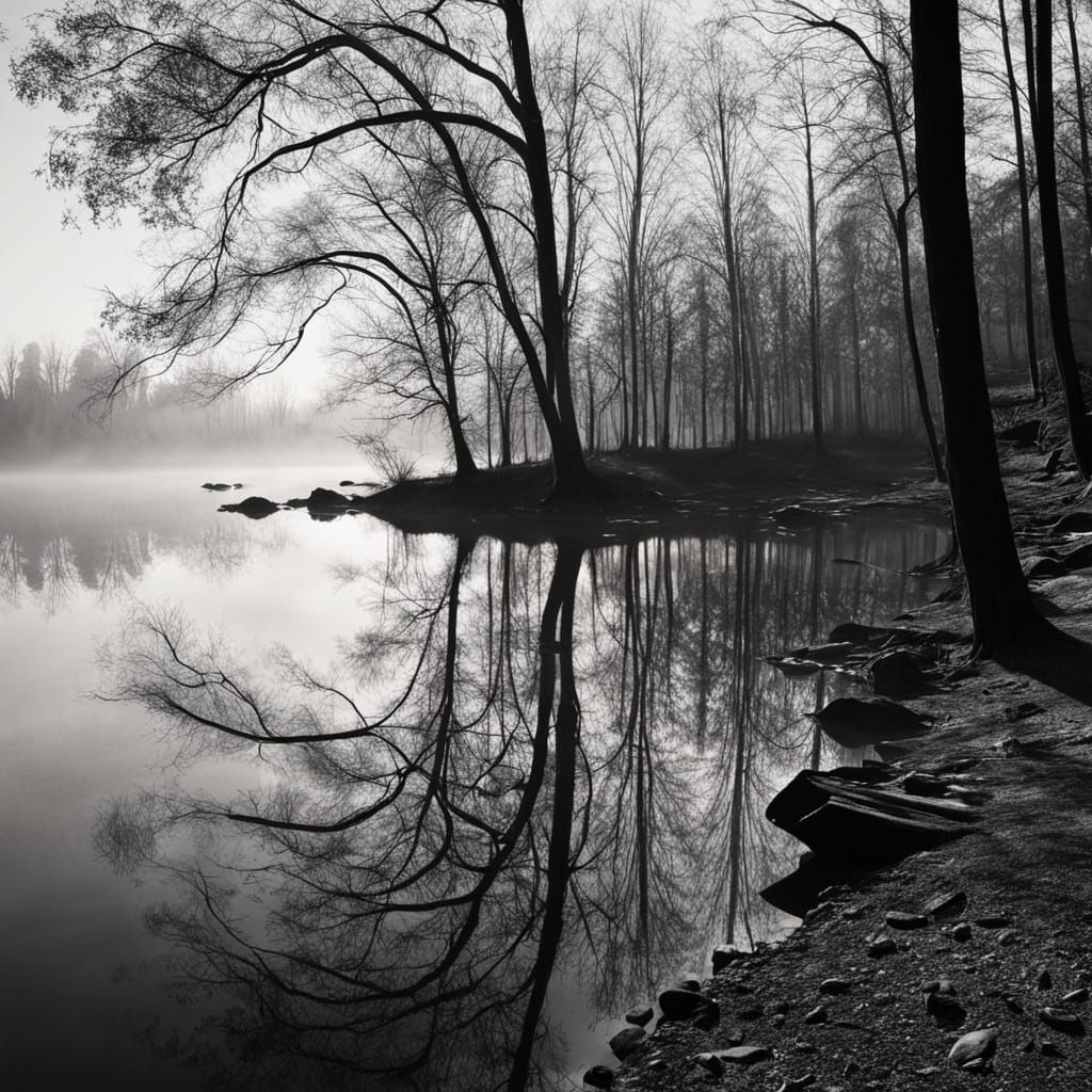 Morning Shadows on Lake Shore in Hyperdetailed Charcoal Draw...
