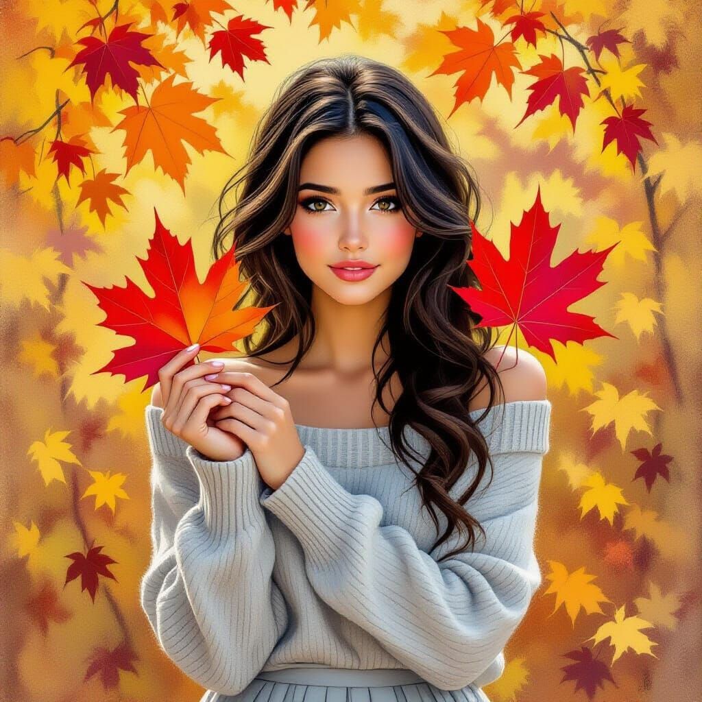 Autumn Portrait of Woman with Red Maple Leaves in Gouache St...