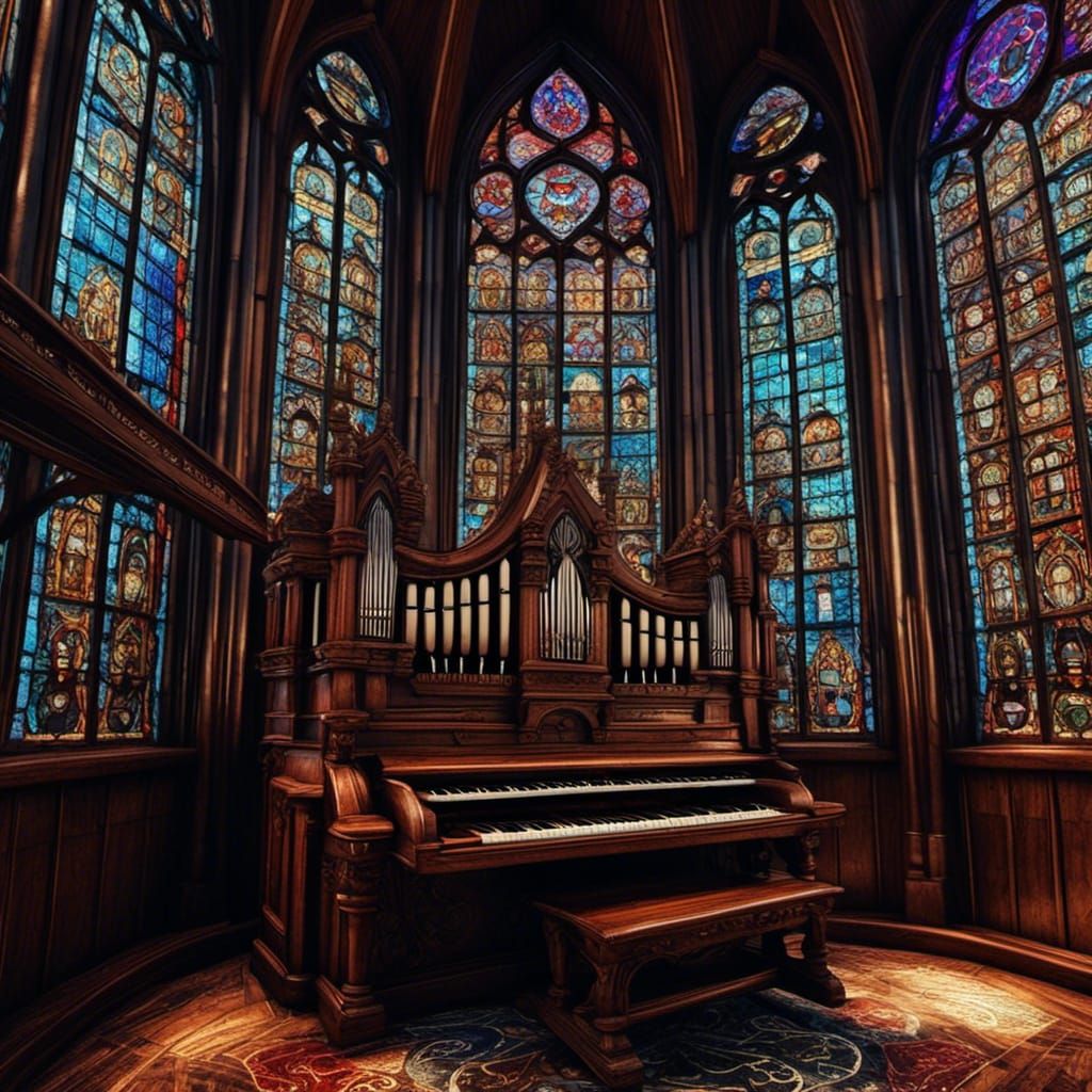 Metallic Pipe Organ in Stained Glass Church