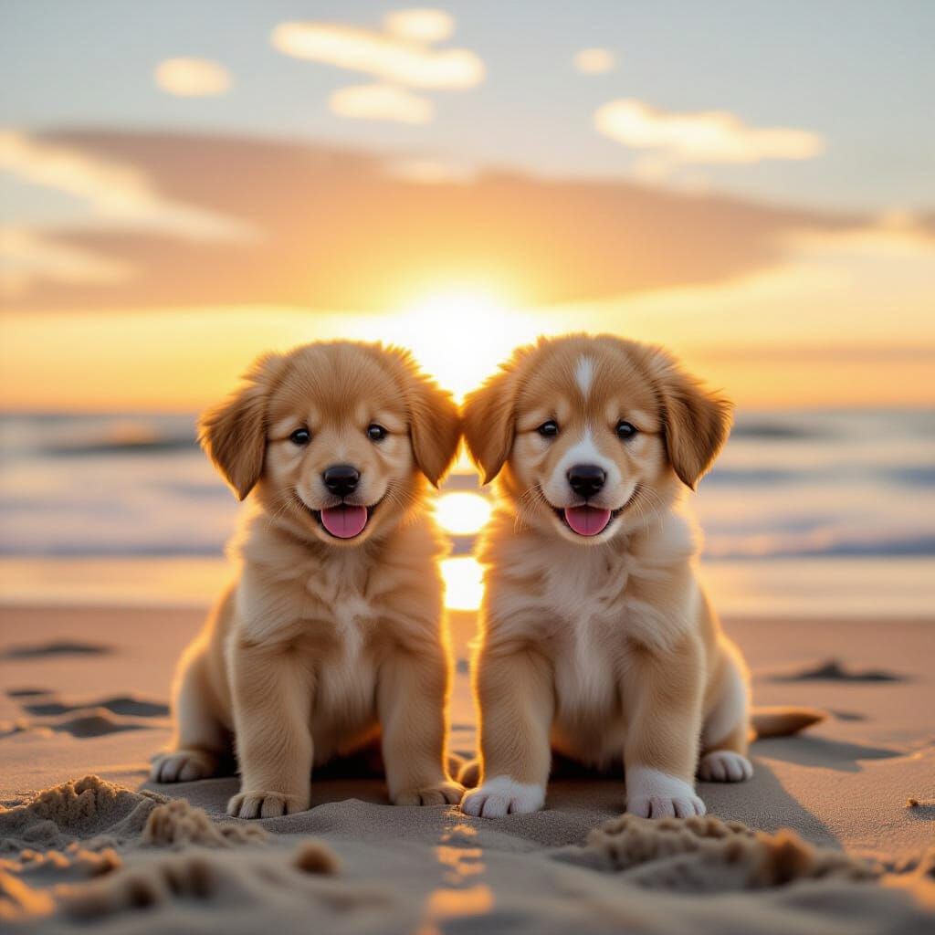 Puppies Enjoying a Sunset on the Beach