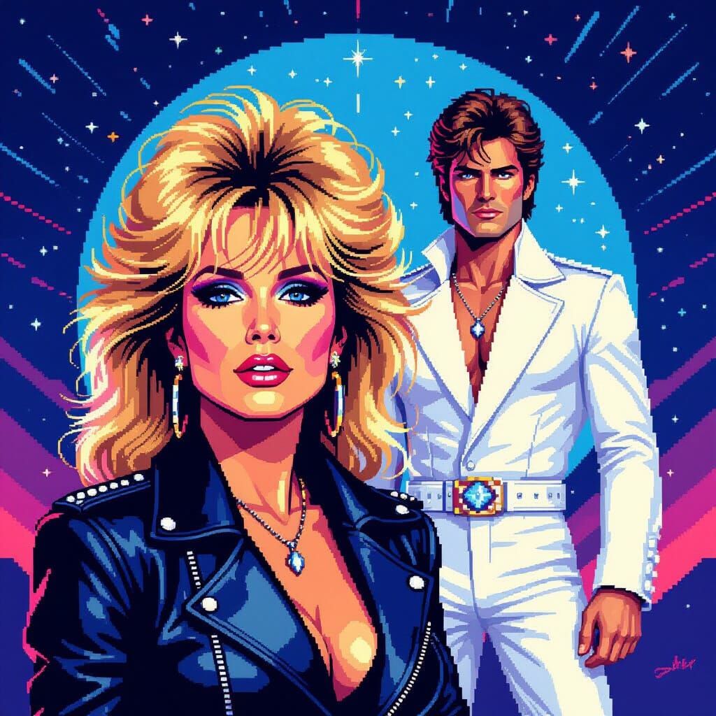 Pixel Art Portrait of Bonnie Tyler with 80s Rockstar Energy