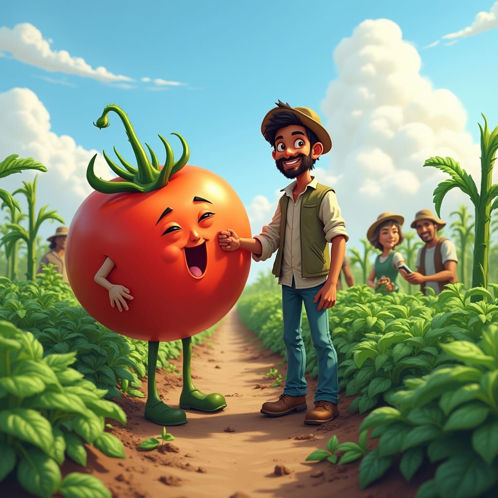 Friendly Farmer and Cartoon Tomato in Lush Field