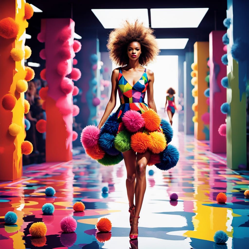 Model in Pom Pom Dress: High-Fashion Editorial Photography