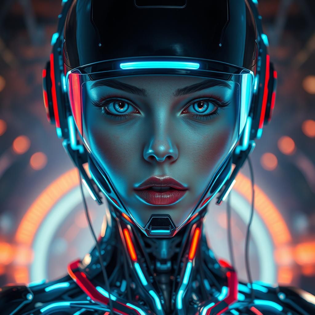 Close up face only beautiful female mechanical cyborg with neon black palastic visor down neon blue latex costumes, futu...