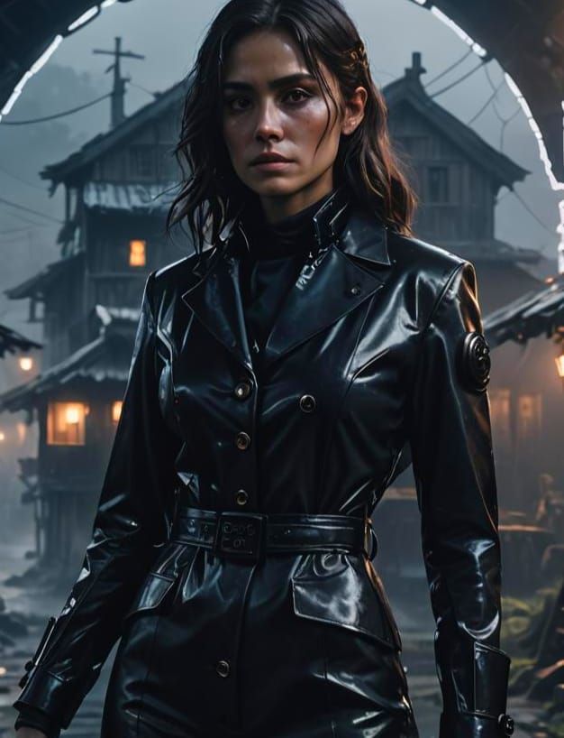 Woman in Black Vinyl Suit in Foggy Village