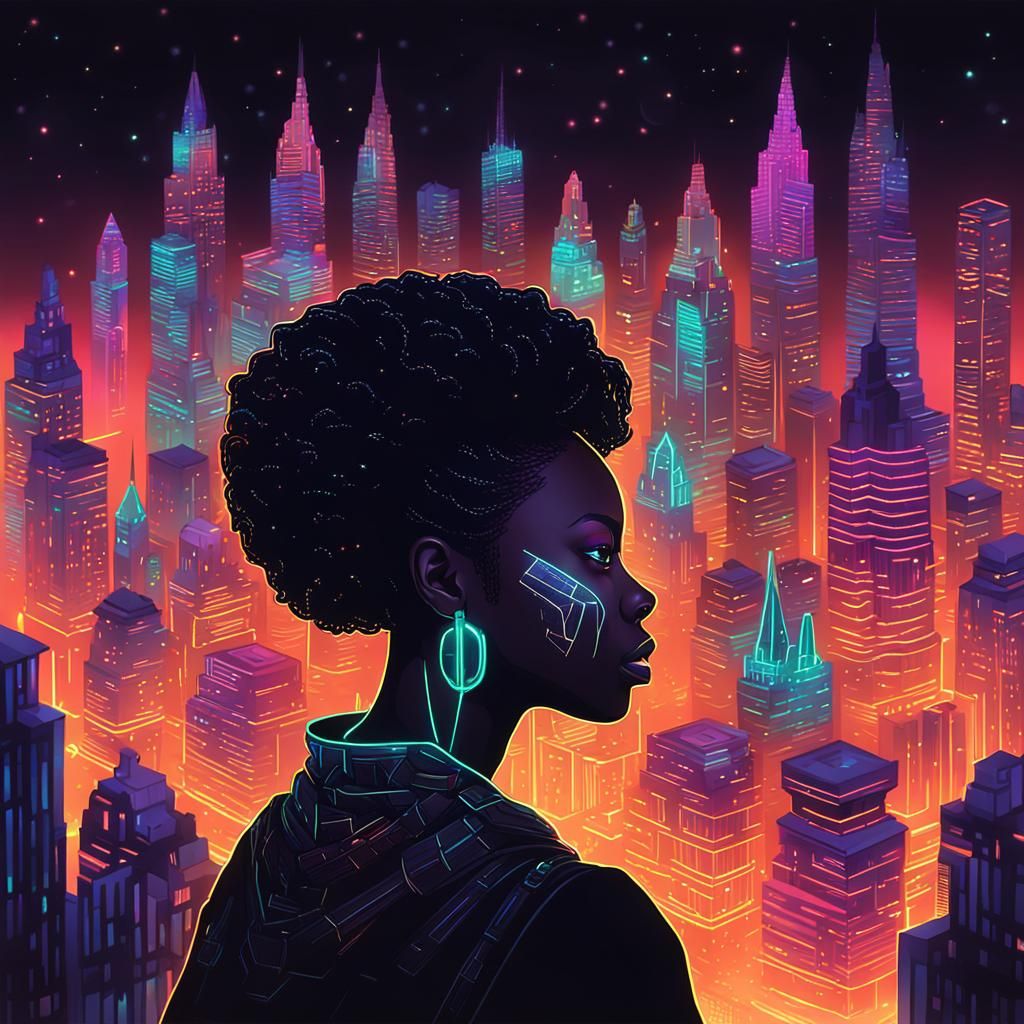 Cityscape Woman: Fantasy Art with Neon Lights