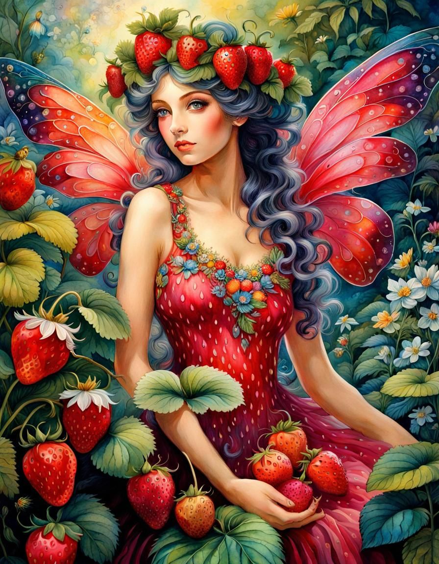 Fairy in Strawberry Dress in Paradise Garden