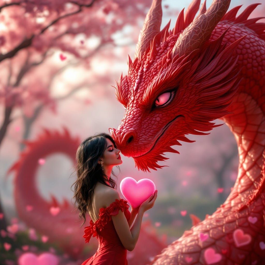 Enchanting Latin Woman Adores Gentle Red Dragon in Whimsical...
