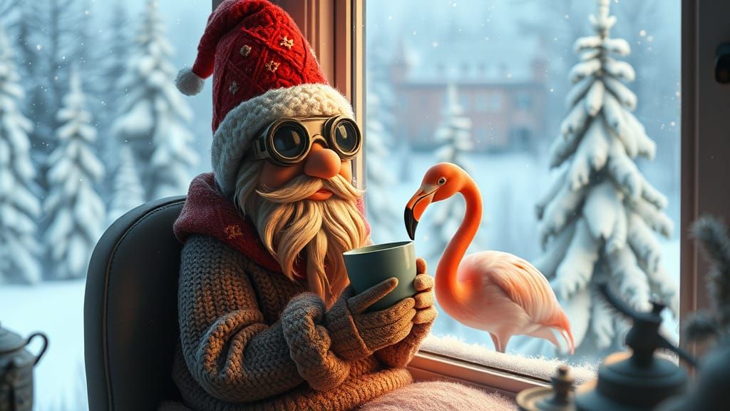 Winter Wonderland Scene with Giger-Inspired Gnome