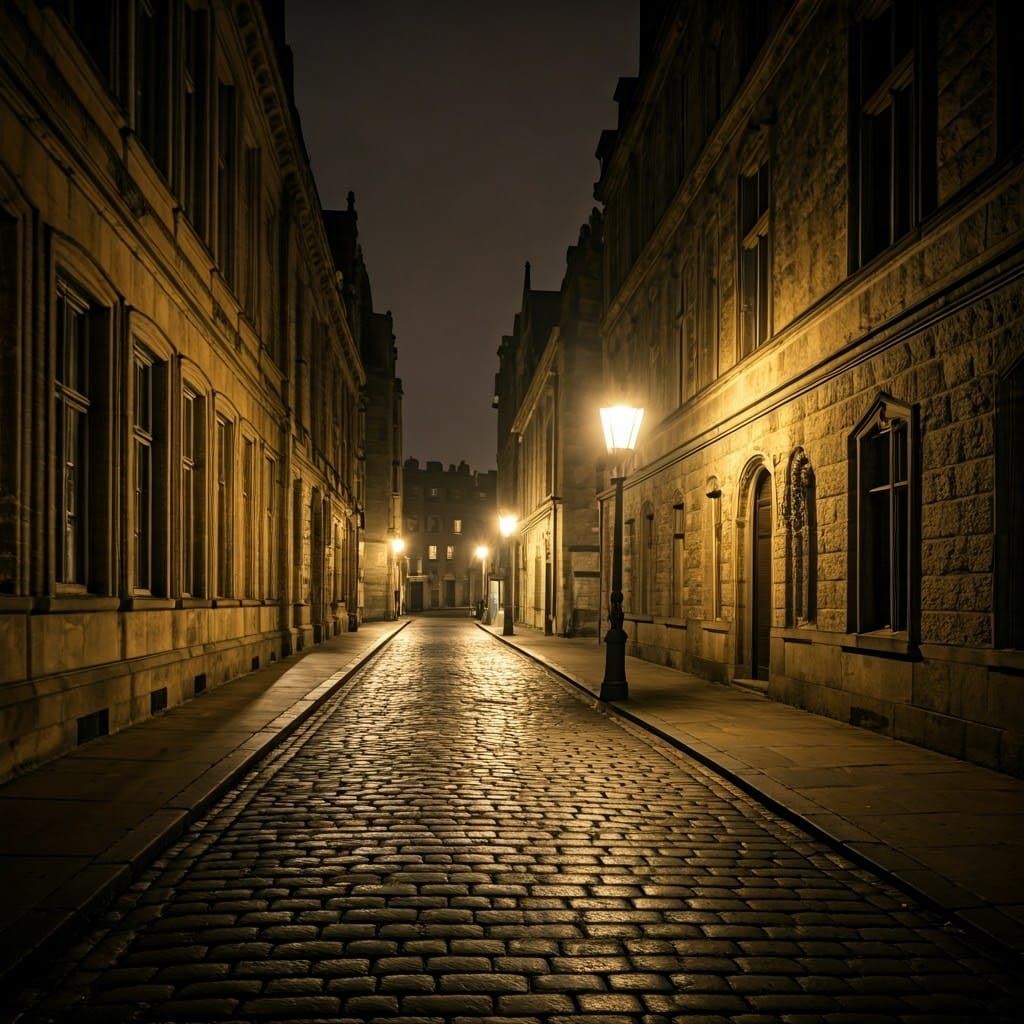Dark Gothic Street at Night with Ornate Architecture