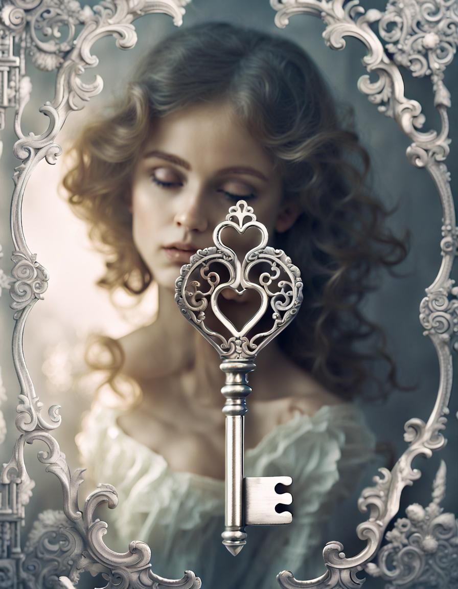 Romantic Double Exposure of Girl with Baroque Key