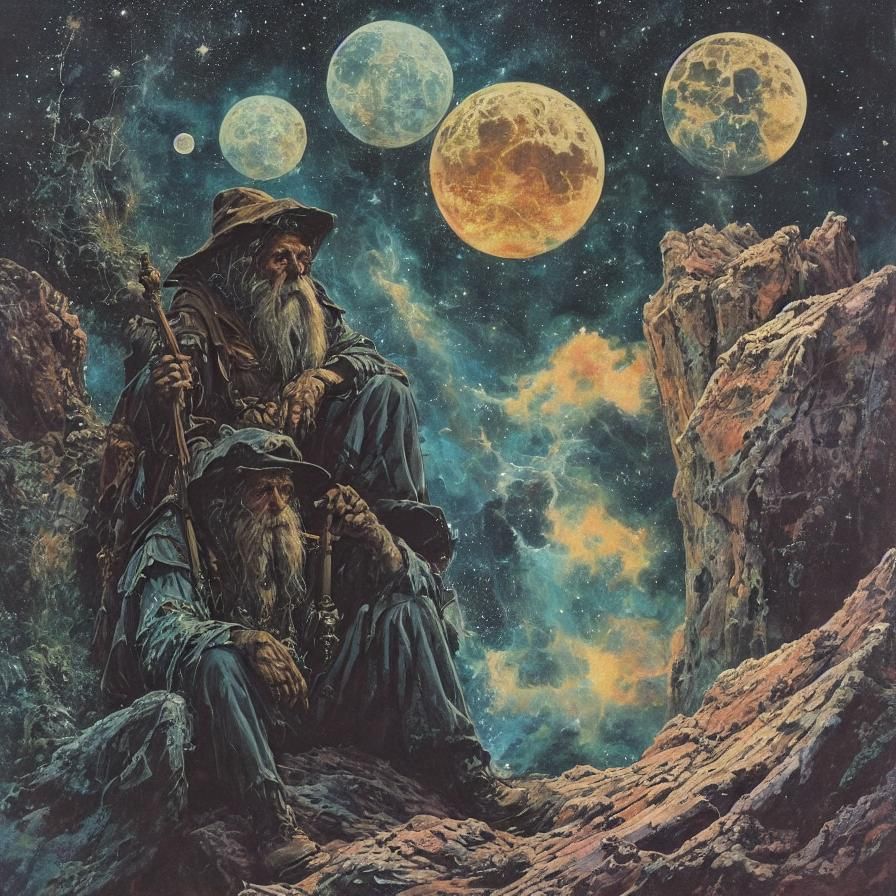 Blue Wizard Under Moonlight in Dark Fantasy Style