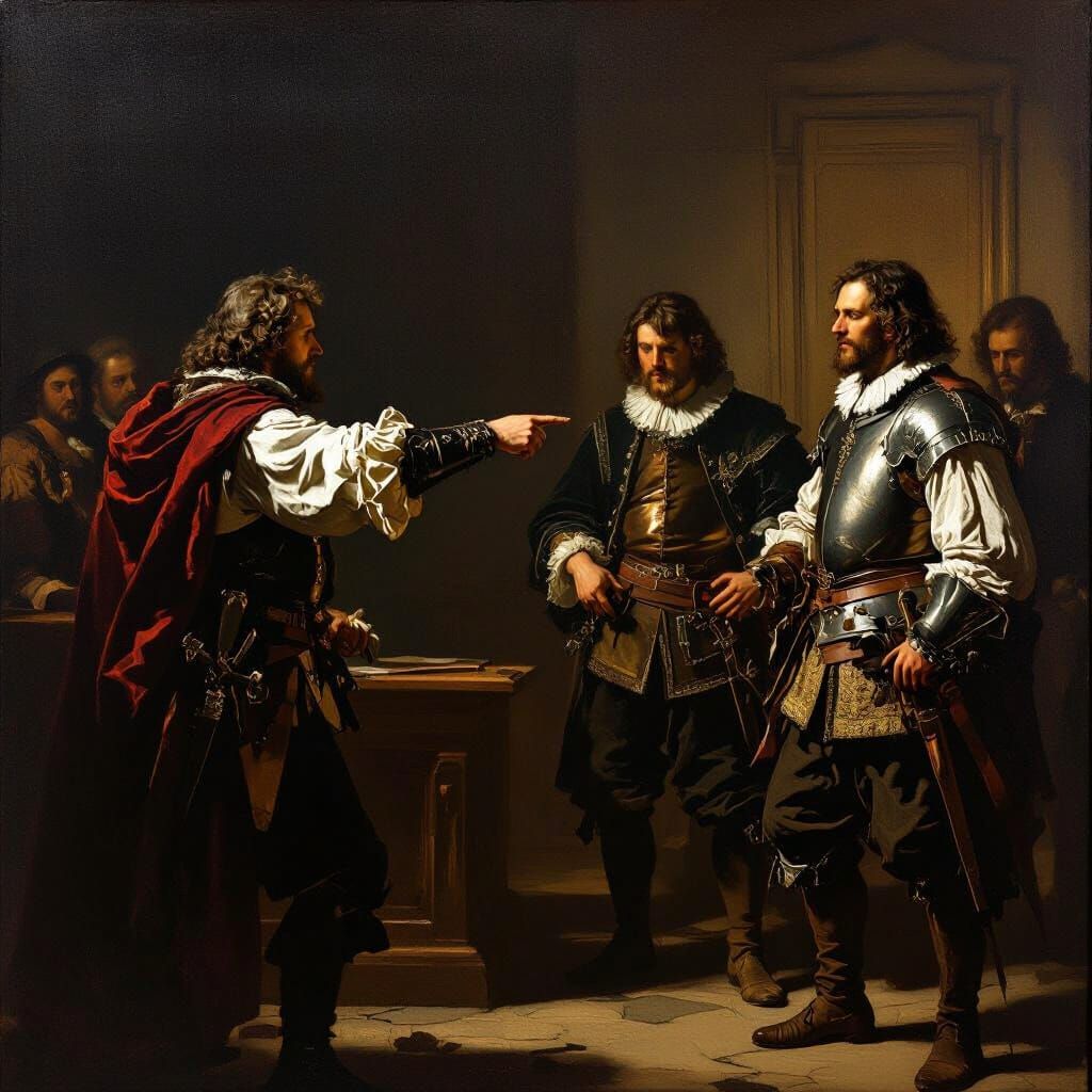 Dramatic Accusation Scene in Ornate Chamber