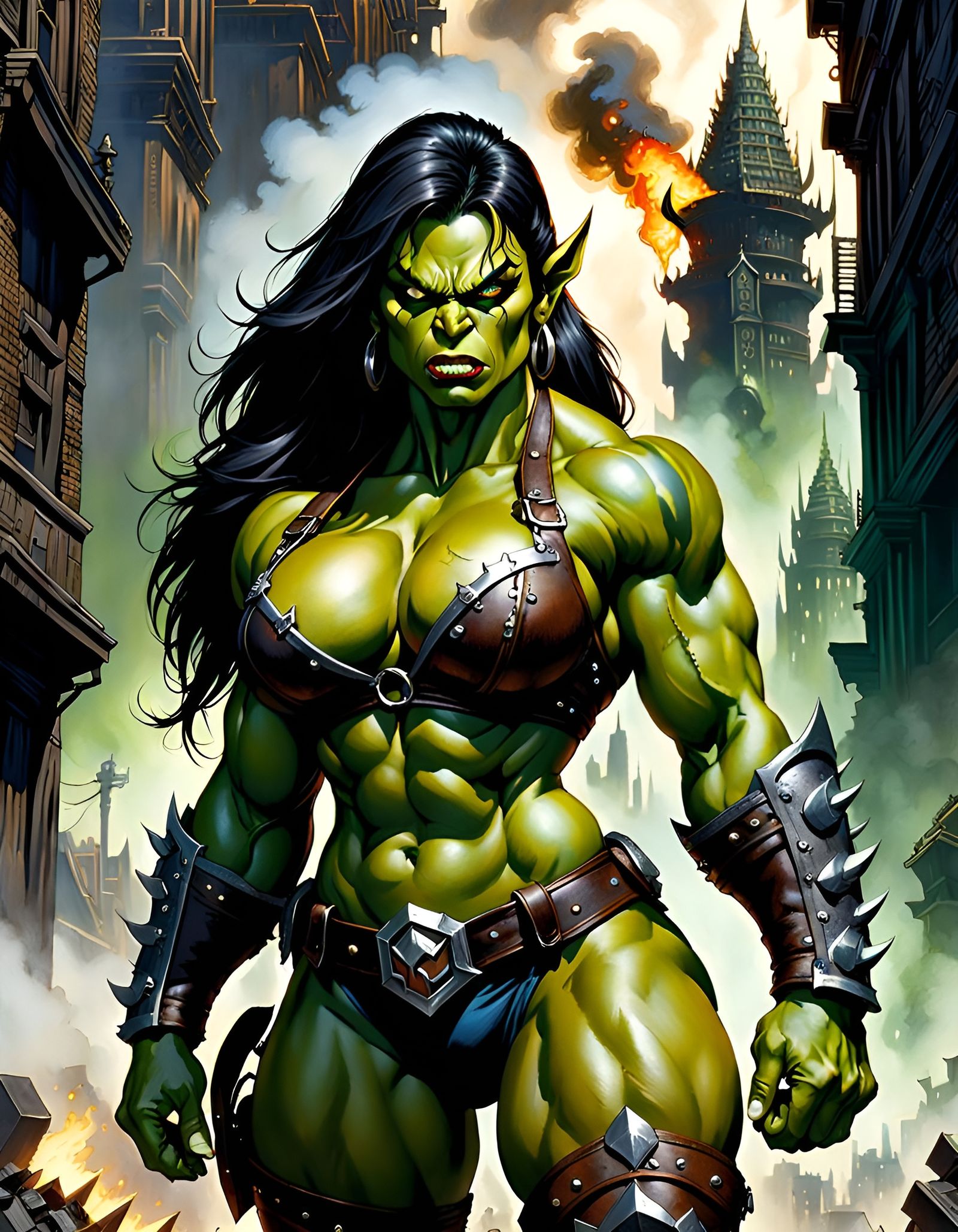 Hulking Orc Bodybuilder in Burning City, Caricature Art
