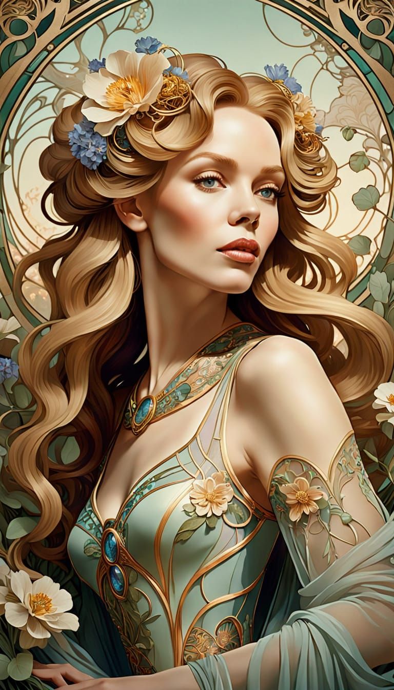 Elegant Kylie Minogue in Whiplash Art Nouveau Portrait