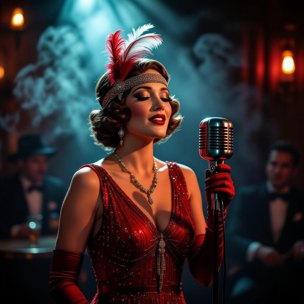 1920s Singer in Red Dress at Smoky Speakeasy