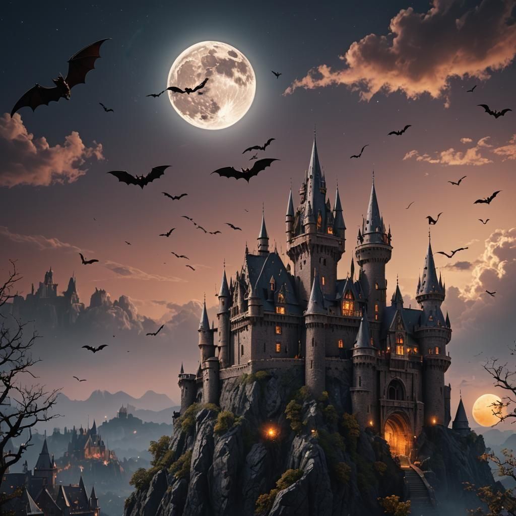 Bats Over Castle in Moonlit Fantasy Landscape