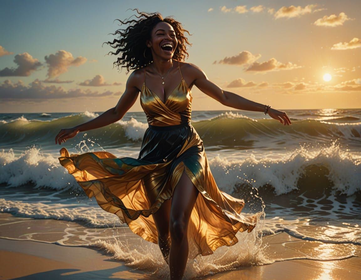 Black Woman Dancing Barefoot in Ocean Surf, Cinematic Oil Pa...