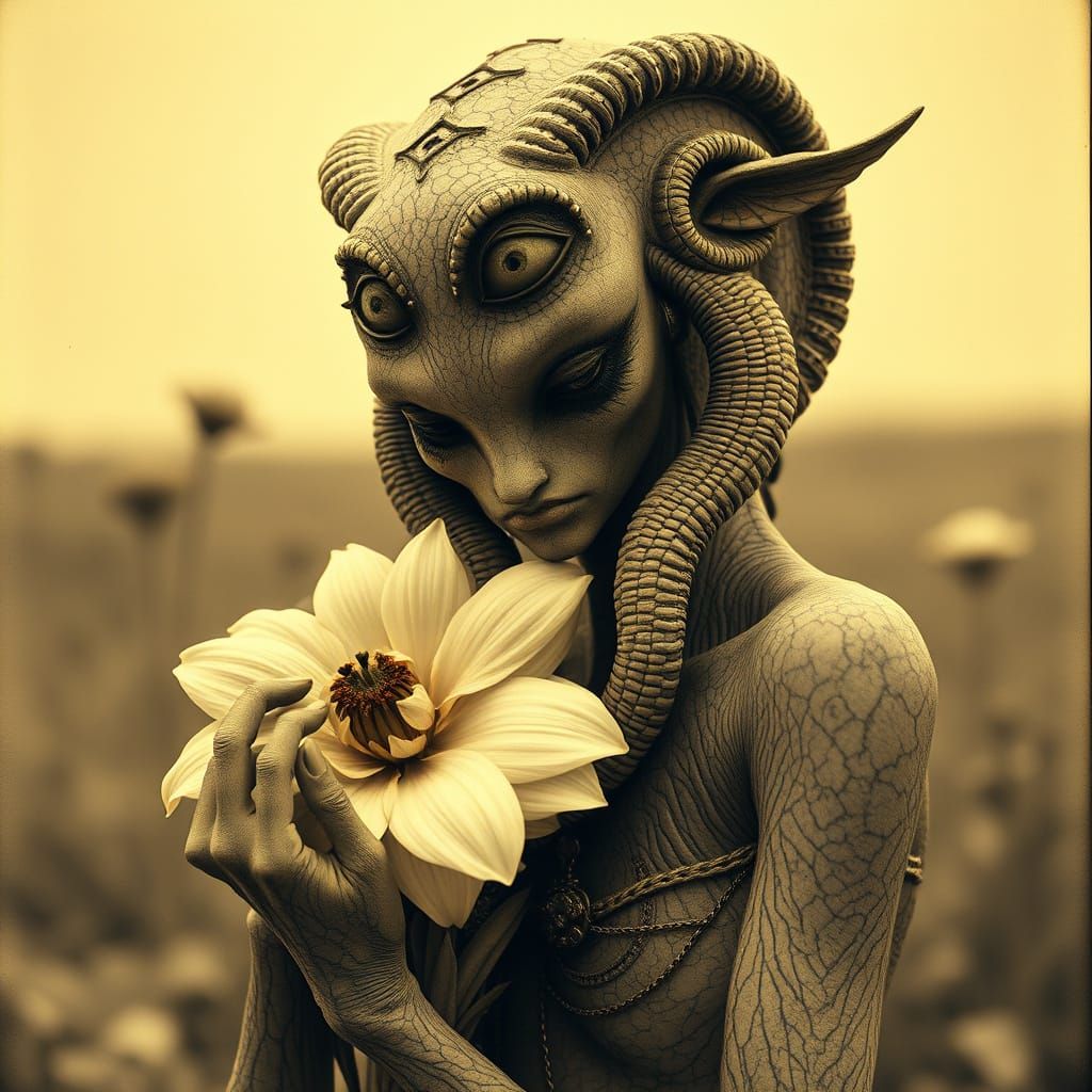 Sepia Photograph of Mythical Alien Woman Hugging Flower