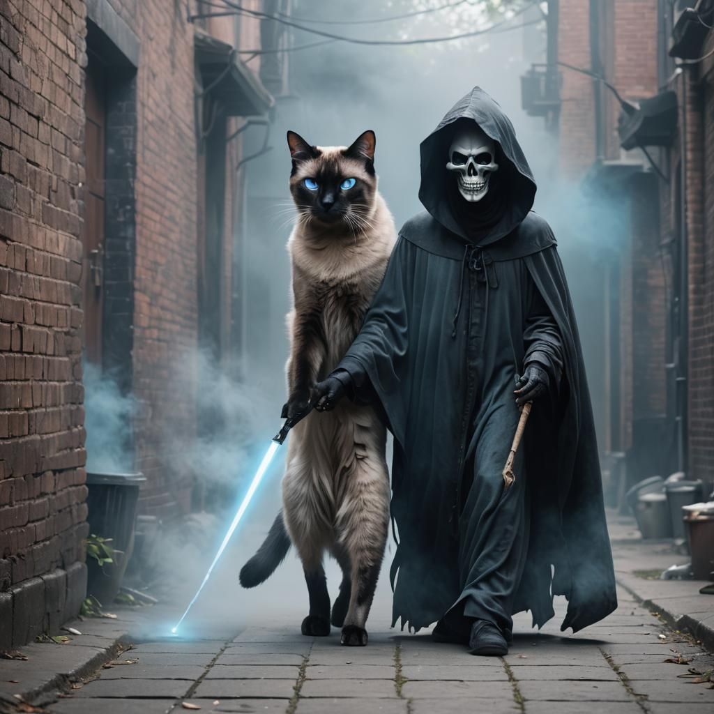 Siamese Grim Reaper in Foggy Alleyway
