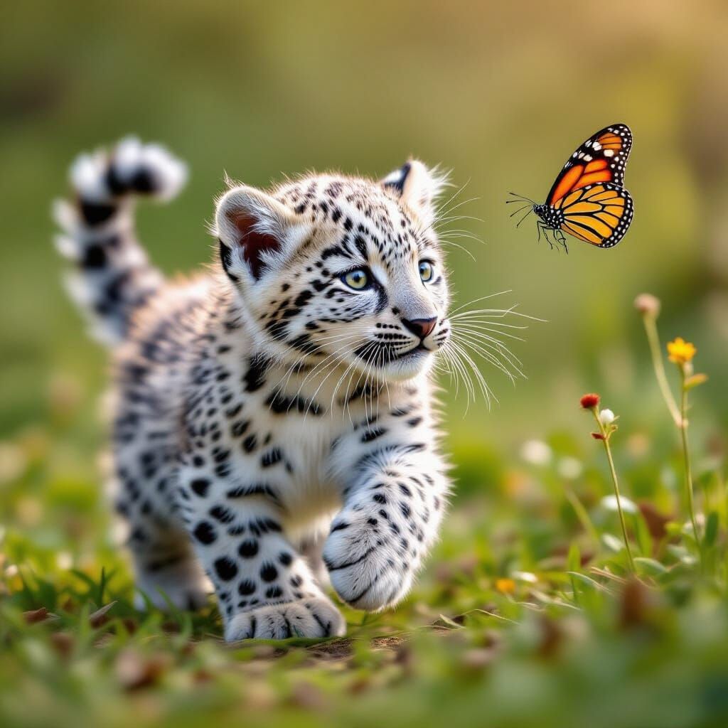 Snow Leopard Cub's Butterfly Chase
