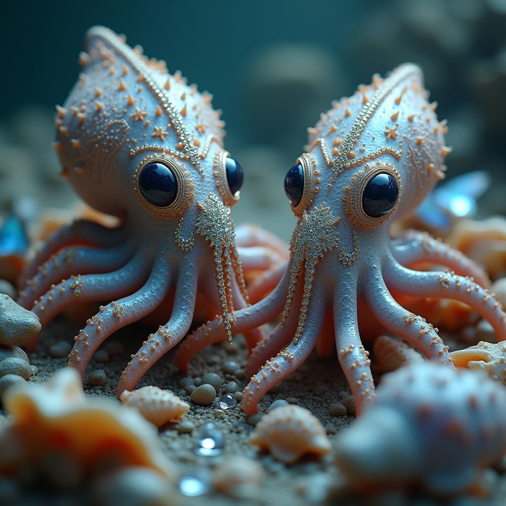 Bejeweled Squids with Sea Butterflies in Art Nouveau Style