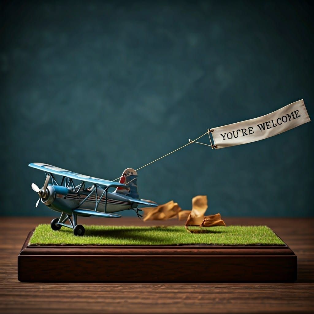 Expressive Diorama of Plane Pulling "You're Welcome" Banner