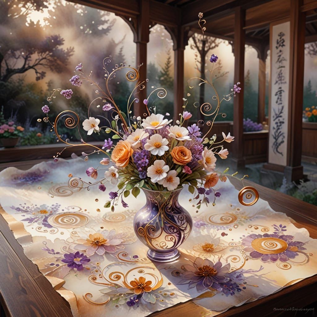 (flowers in a vase:1.2), Natasha Wescoat and Willem Haenraets, (spirals and swirls in the fog:1.5), nacre and amethyst d...