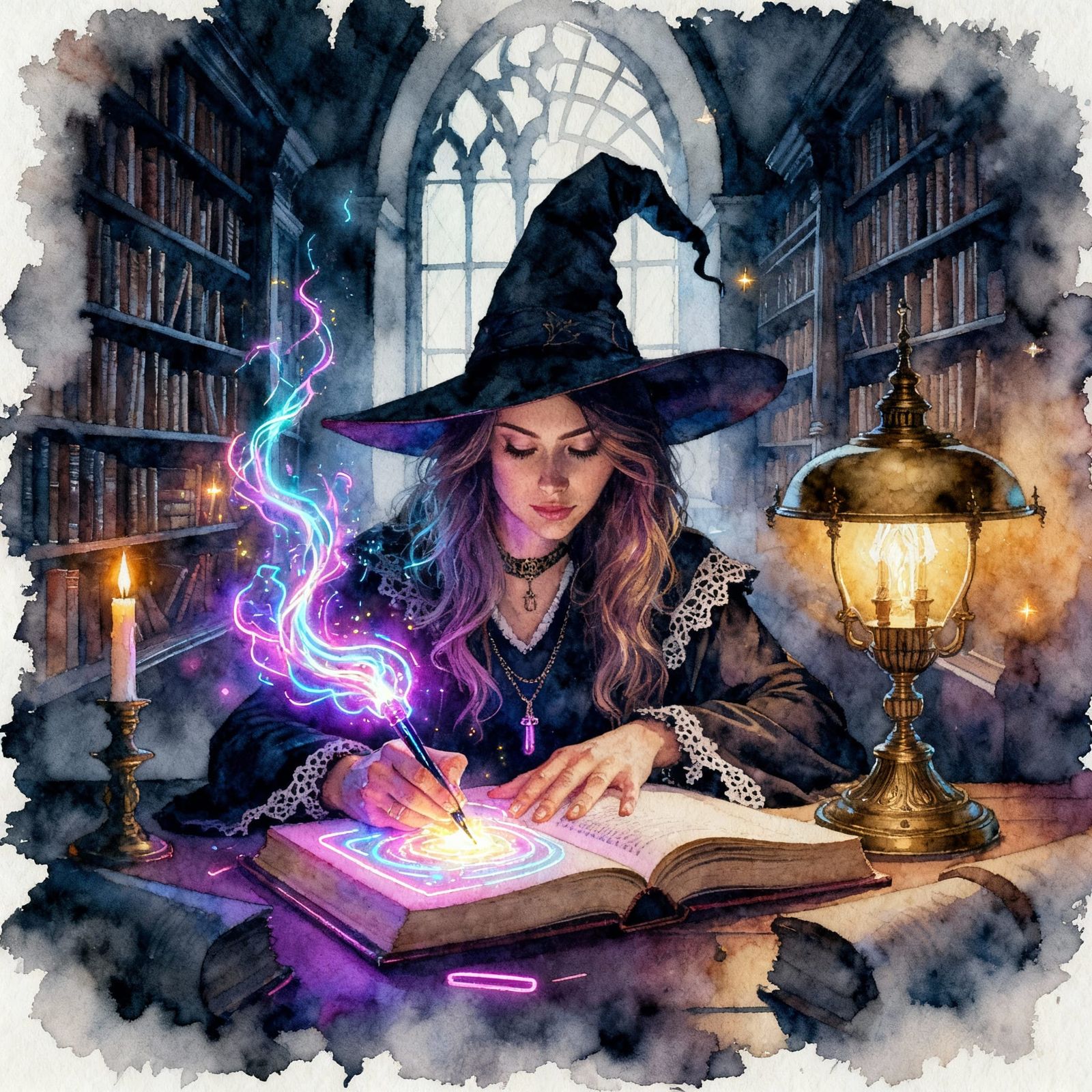 Witch Writing Spell Book in Neon Dark Academia Watercolor