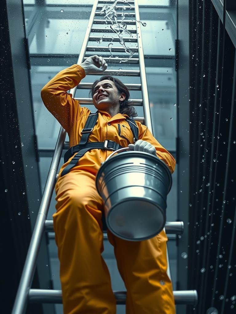 Window Cleaner's Mishap: Cinematic Digital Art