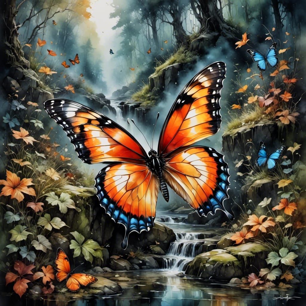 Glowing Butterfly in Misty Forest: Oil Painting