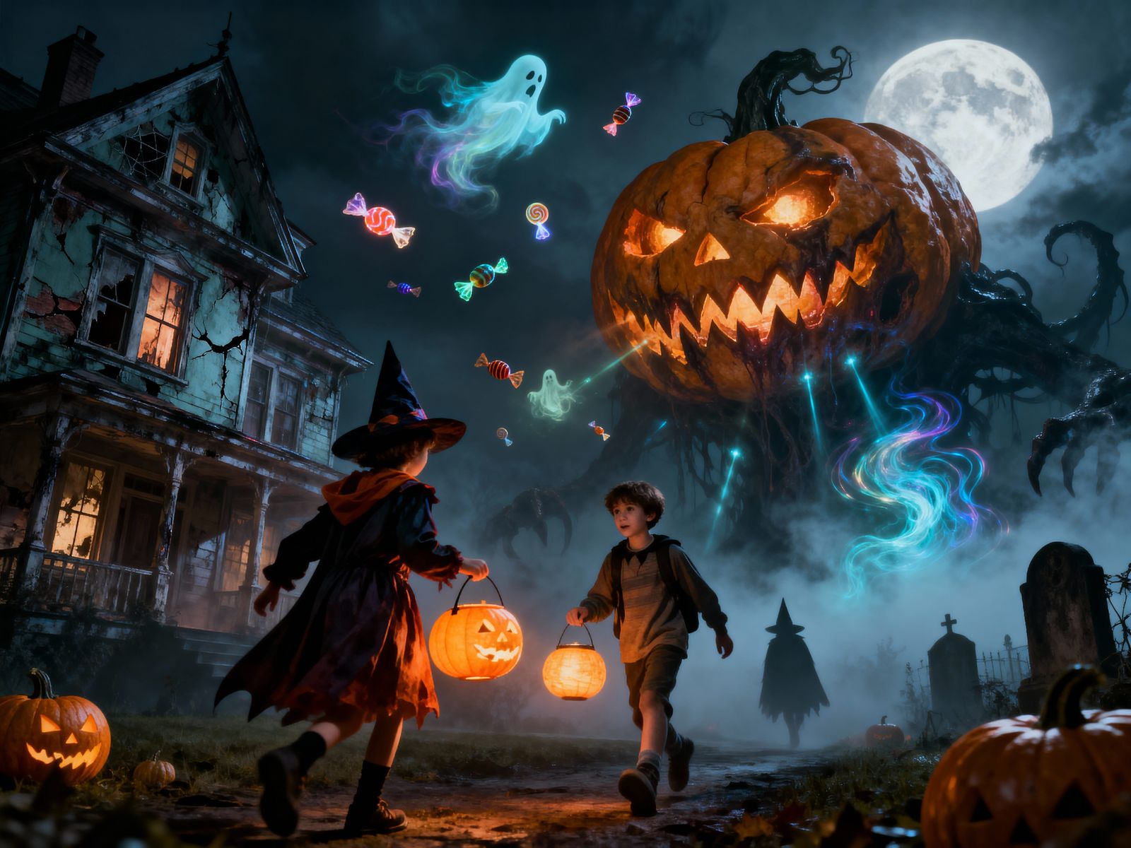 Terrifying Halloween Night with Haunted Houses and Ghosts