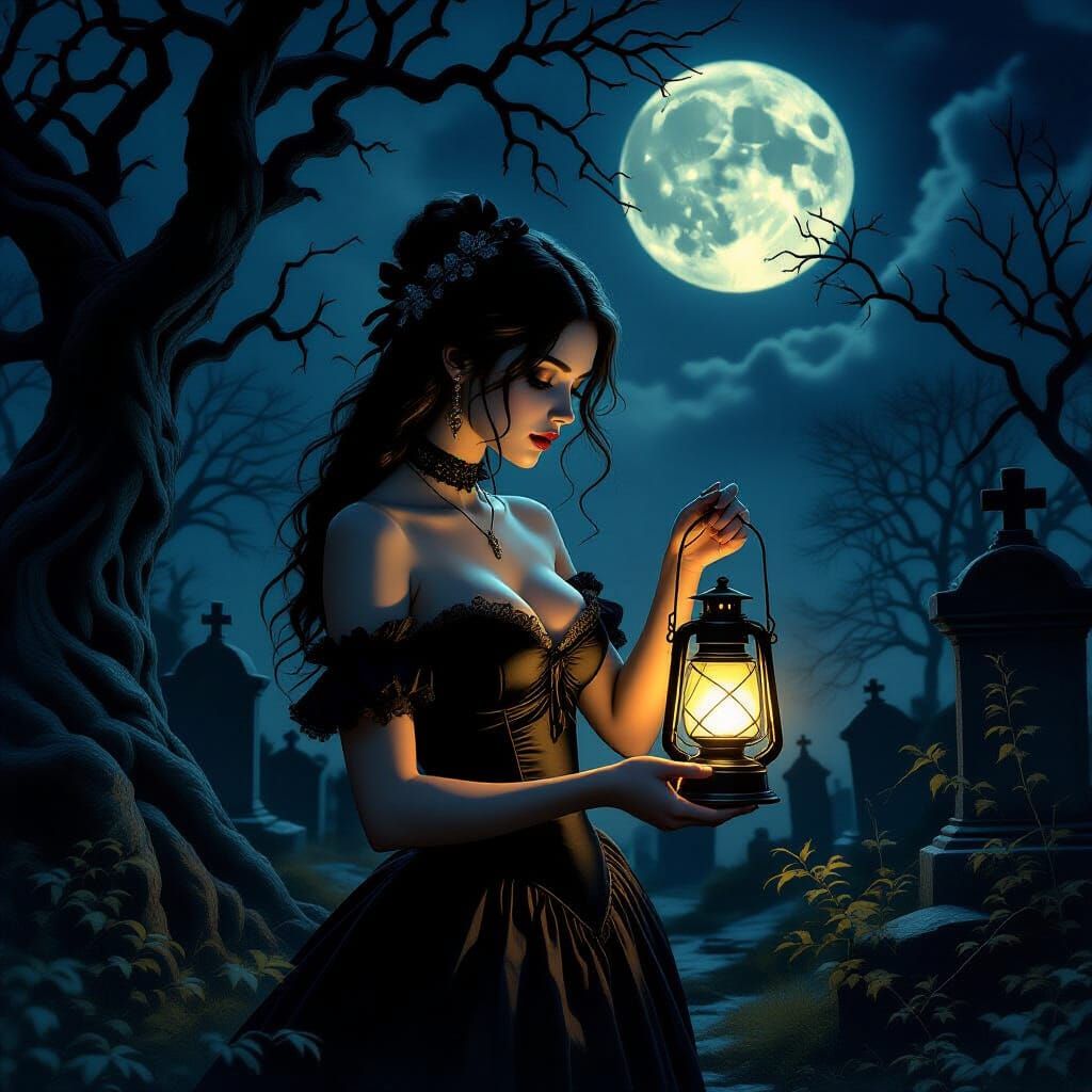 Gothic Girl with Lantern in Moonlit Cemetery