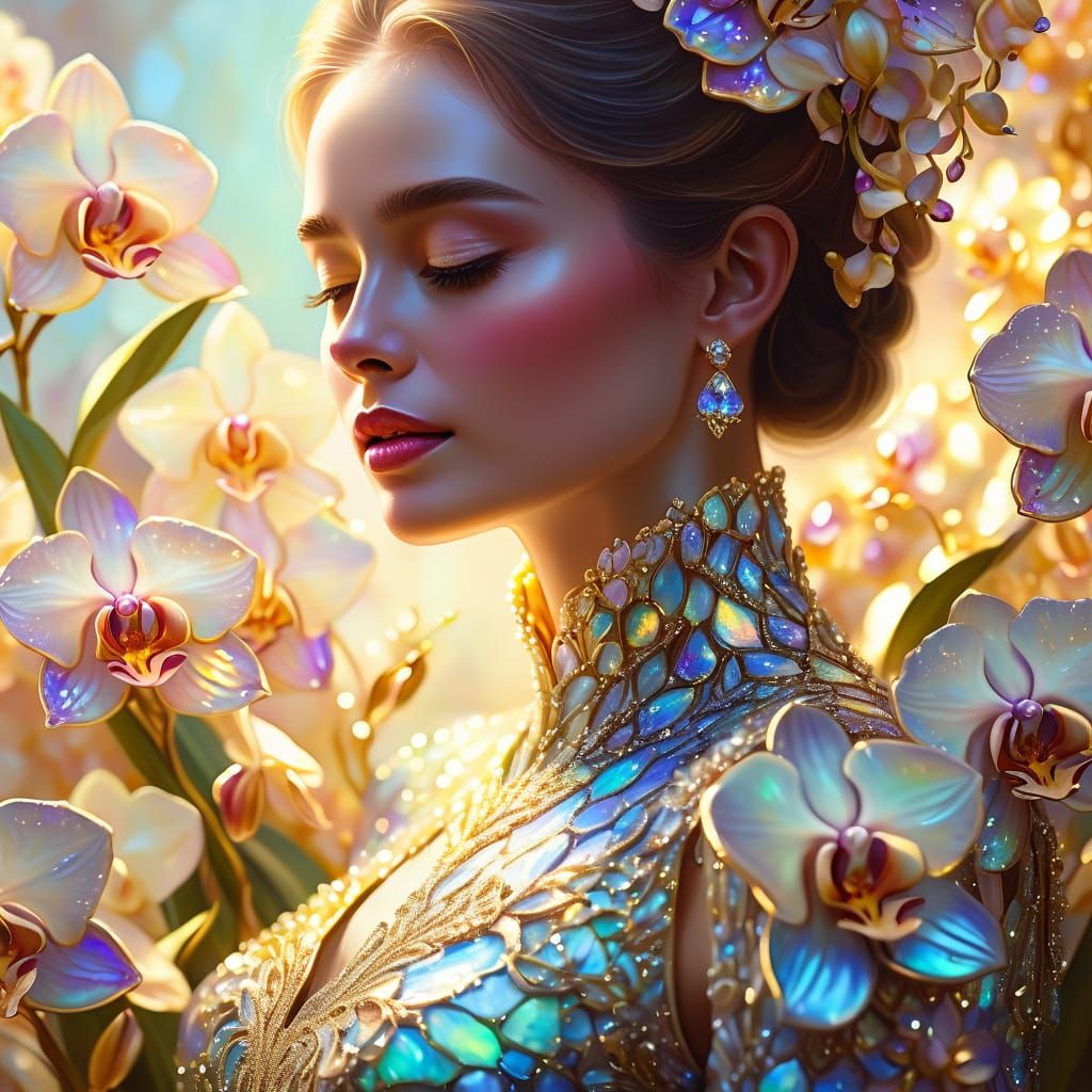 Opulent Opal and Orchid Gown in Oil Painting Style