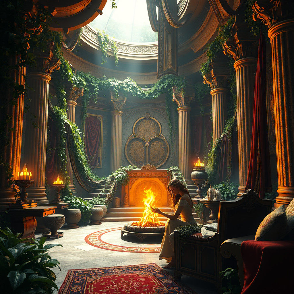 Hestia Tending Hearth in Ancient Greek Temple