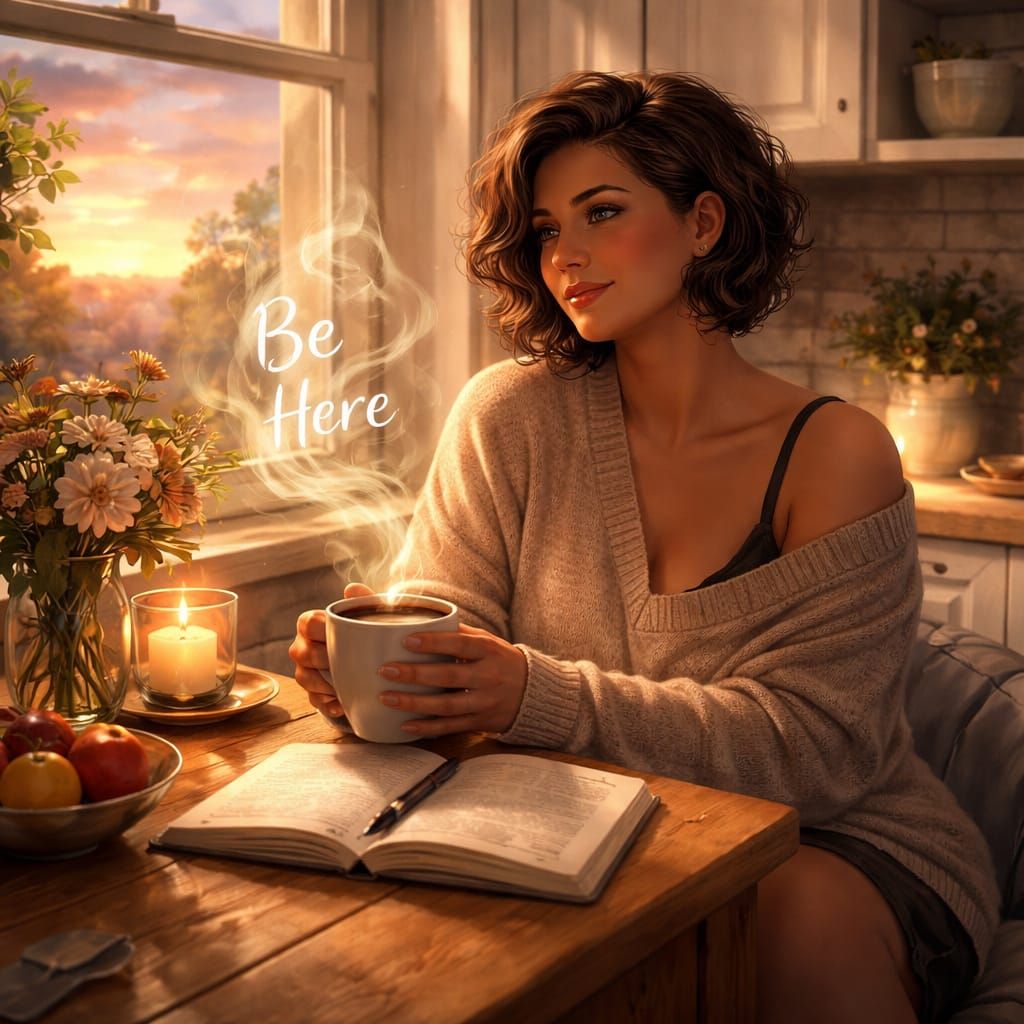 Woman Journaling at Dawn in Cozy Kitchen Nook