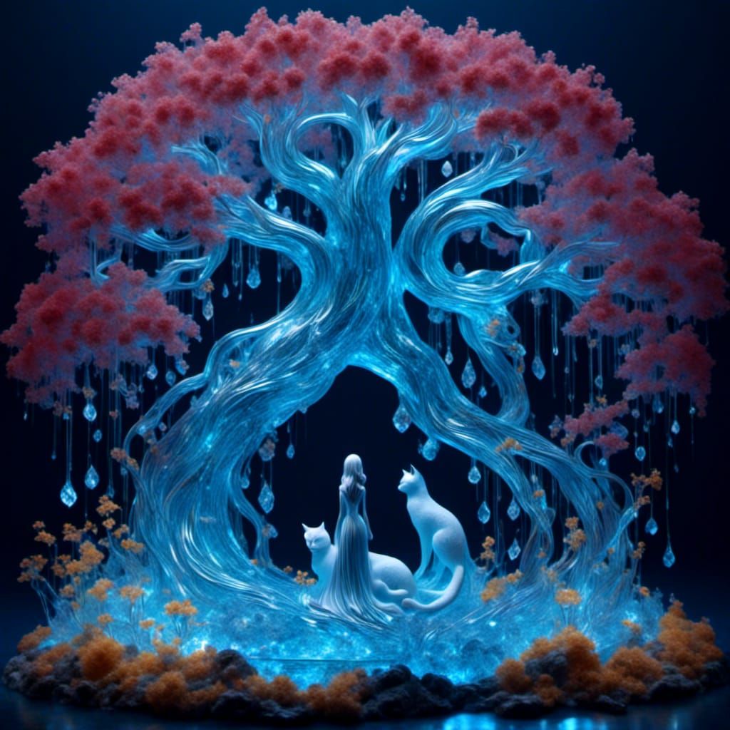 Crystalline Willow: Glass Statue of Woman and Cat