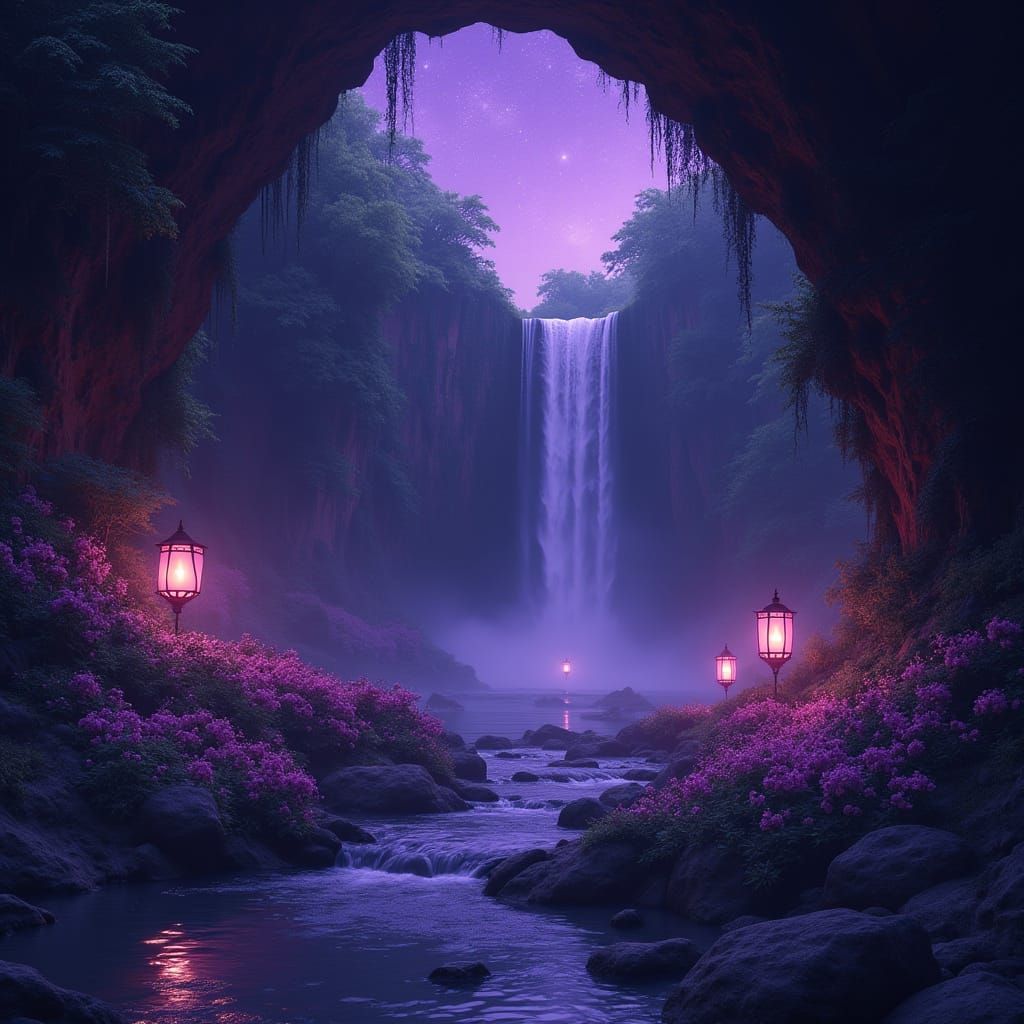 Synthwave Waterfall Cave with Purple Lanterns