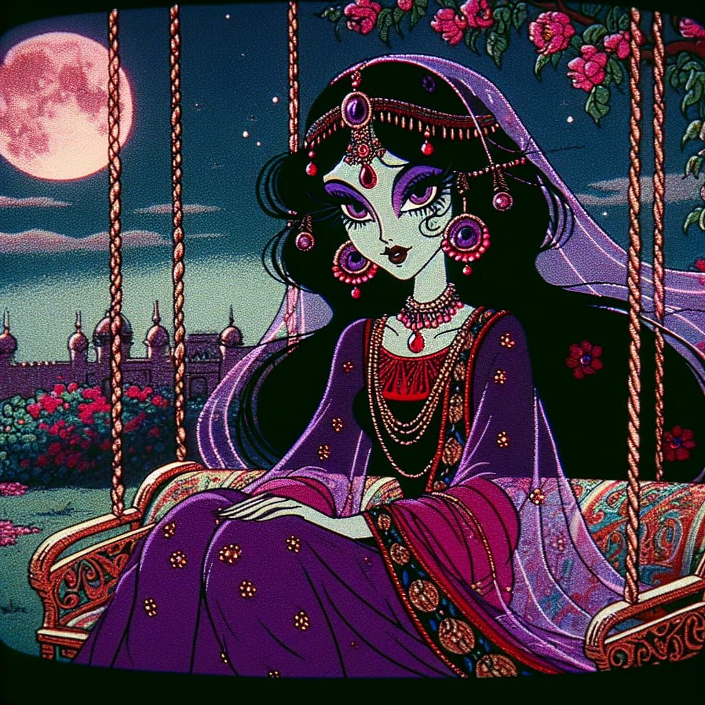 Sorceress on Silk Swing Under Crimson Moon