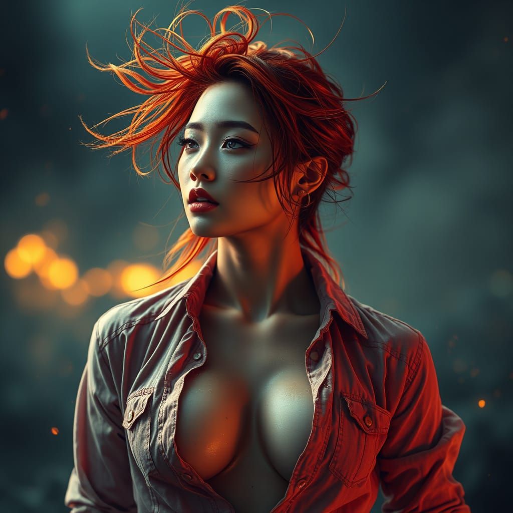Fiery K-Pop Idol in Cinematic Digital Art