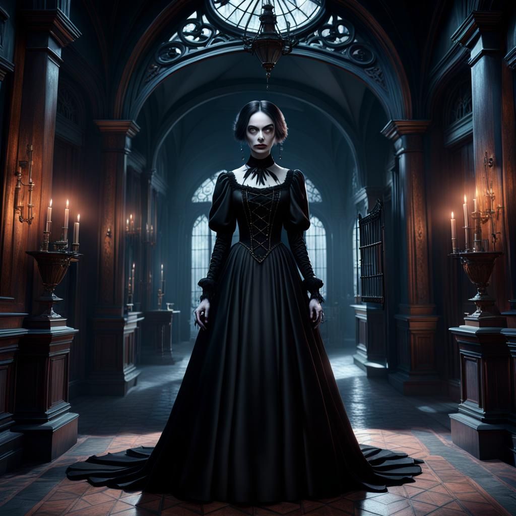 Gothic Girl in Haunted Mansion: Detailed Matte Painting