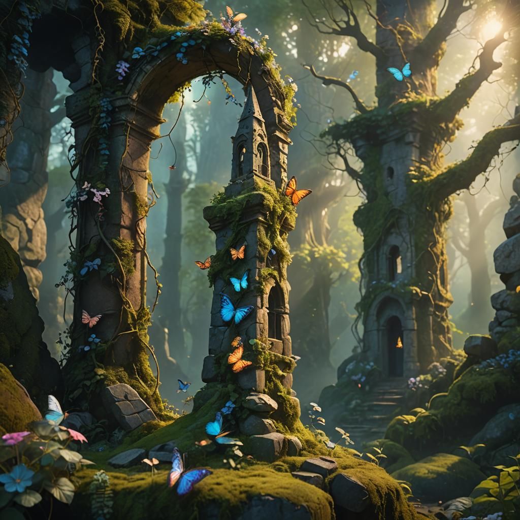 Mystical Stone Tower in Forest, Matte Painting Style