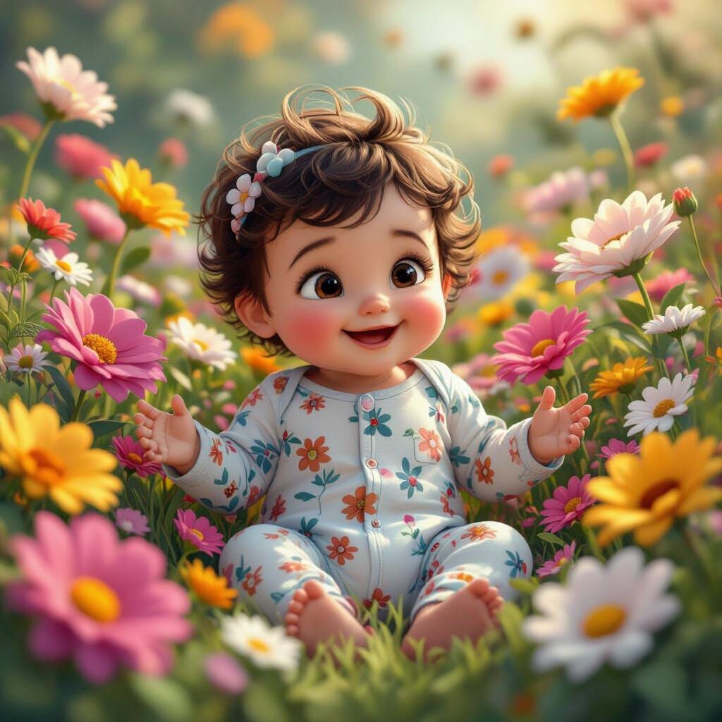 Adorable Baby in 3D Flower Garden
