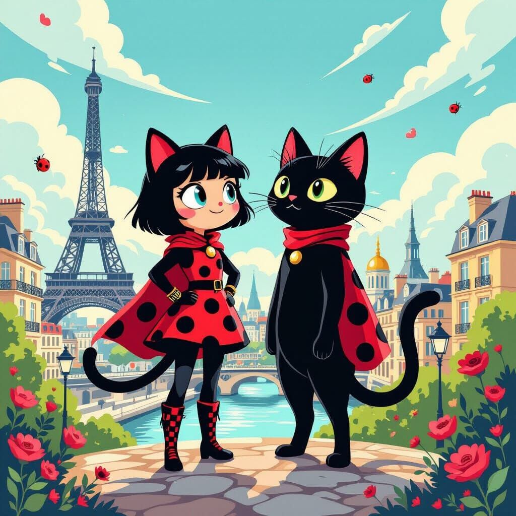 Ladybug and Catnoir in Heroic Parisian Scene