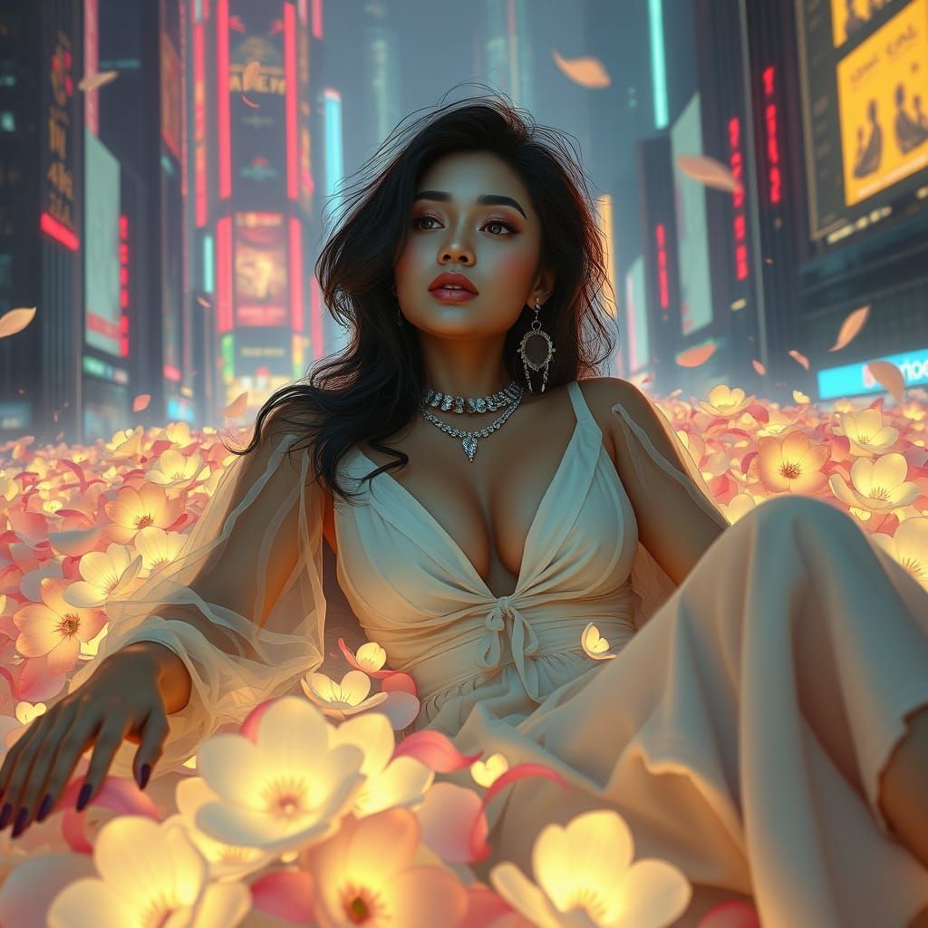 Brunette Beauty in Cyberpunk Flower Tornado